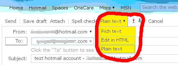 Hotmail - Choose plaintext per message